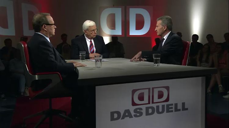 Günther Oettinger (r) und Max Otte: Wie weiter mit griechenland. Moderiert wird "Das Duell" von Heiner Bremer.