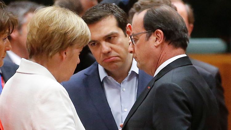 Sie wollen sich heute einigen: Merkel, Tsipras, Hollande und die Eurozone.