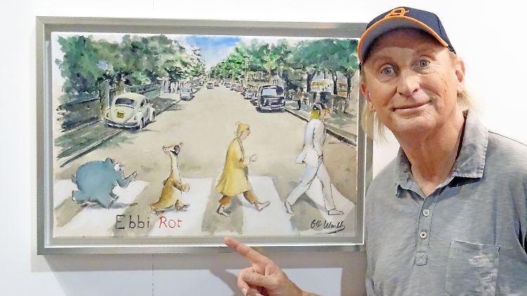 Otto mit seinem Werk "Ebbi Rot" - exklusiv erhältlich bei n-tv art.