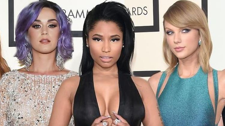 Nicki Minaj (M.) meckert, Taylor Swift (r.) fühlt sich angegriffen und Katy Perry will einfach mitstreiten - schönes Gespann.