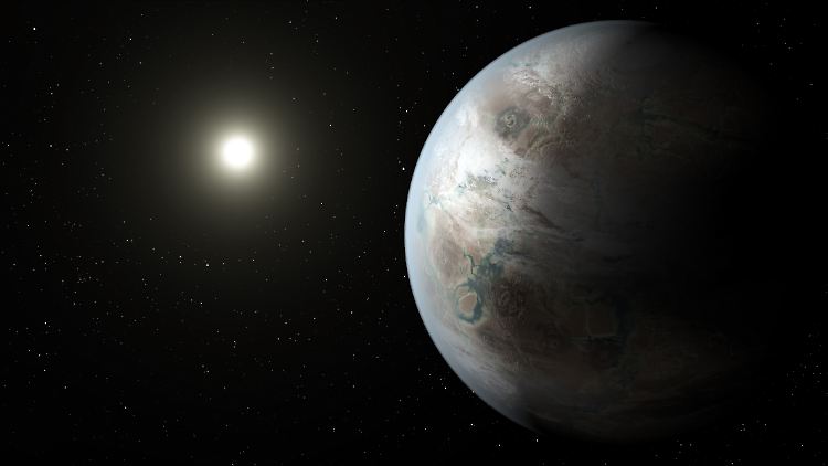Eine Illustration von Kepler-452b, der um seinen Heimatstern kreist.