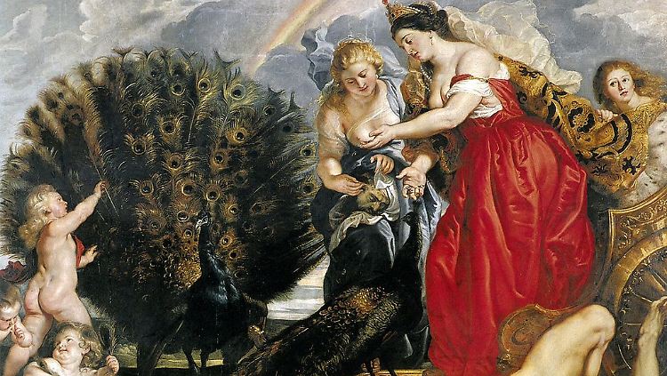 Juno (Hera) verteilt die Augen des Argos auf den Schwanzspitzen von Pfauen. (Peter Paul Rubens um 1610)
