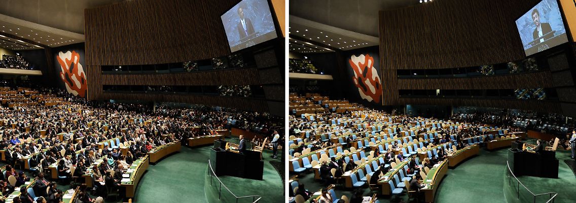 Bei der Rede Obamas waren die Reihen vollbesetzt (links), bei der Ansprache des iranischen Präsidenten nicht so sehr (rechts).