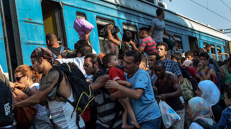 Wenn ein Zug kommt, dann drängen sich die Flüchtlinge bis unters Dach hinein.