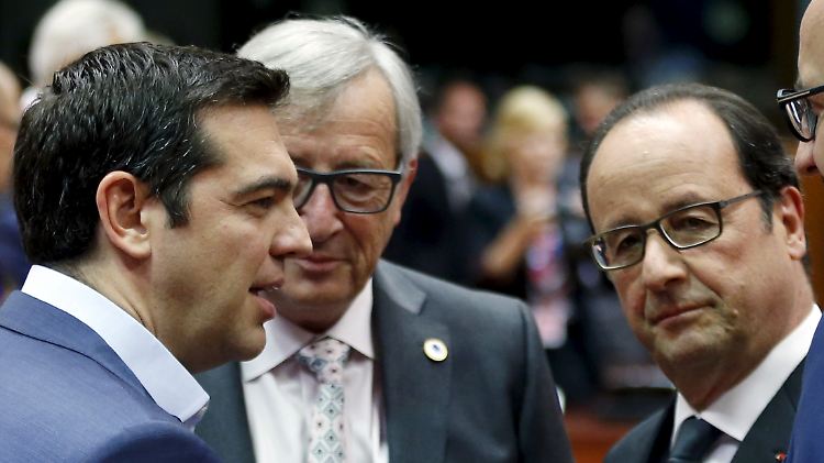 Der griechische Premier Tsipras mit EU-Kommissionspräsident Juncker und dem franszöischen Premier Hollande (v.l.).