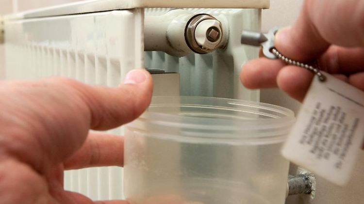 Mit einem Vierkantschlüssel wird am Heizkörper das Entlüftungsventil geöffnet und entlüftet, bis ein durchgängiger Wasserstrahl austritt.