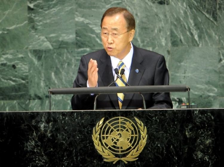 UN-Generalsekretär Ban Ki-moon spricht auf dem Millenniumsgipfel in New York zu den Vereinten Nationen.