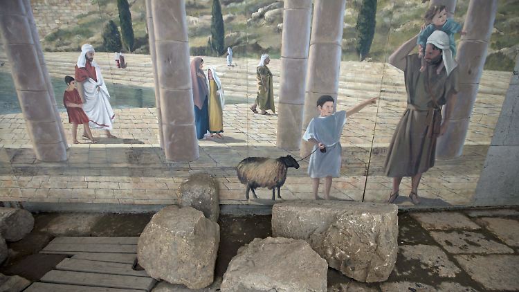 Wandbild des biblischen Teichs Siloah: Am Teich Siloah in der Altstadt von Jerusalem wurde ein 2000 Jahre altes Podium entdeckt.
