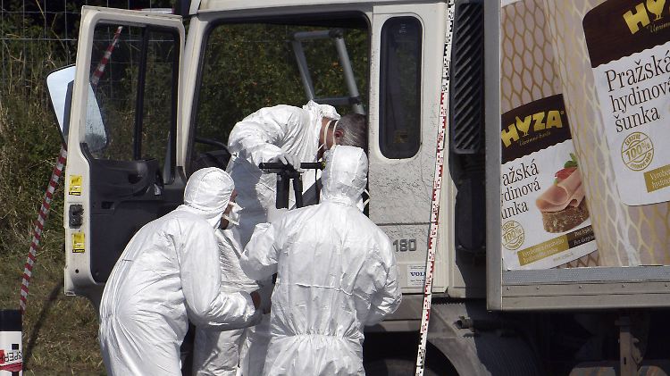Ermittler untersuchen den Lkw, in dem Dutzende Flüchtlinge starben, nach Spuren.
