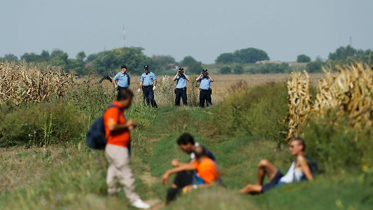 Kroatische Polizisten beobachten Flüchtlinge, die sich noch auf serbischem Boden ausruhen. Beim Grenzübertritt haben sie von den Beamten nichts zu befürchten.
