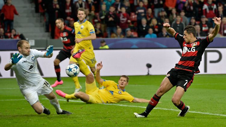 Javier Hernandez, Neuzugang bei Bayer Leverkusen, zeigt sich Tor gefährlich:   BATEs Torwart Sergei Chernik hatte jedenfalls viel zu tun. 