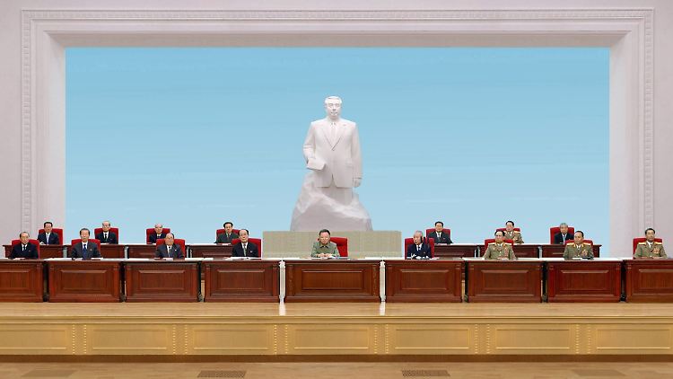 Das Foto der nordkoreanischen Nachrichtenagentur KCNA zeigt den "geliebten Führer" Kim Jong Il (M) während der Parteikonferenz. Hinter ihm die Statue seines Vaters Kim Il Sung, des "ewigen Führers".