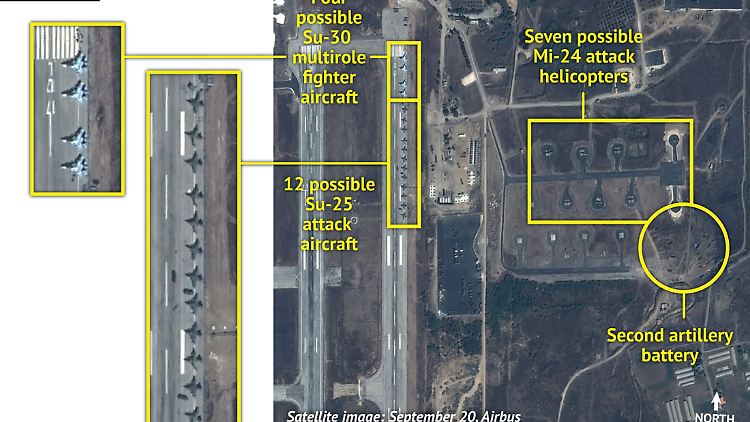 Die Aufnahmen eines Airbus-Satelliten zeigen mindestens 16 russische Kampfjets auf der Basis in Latakia