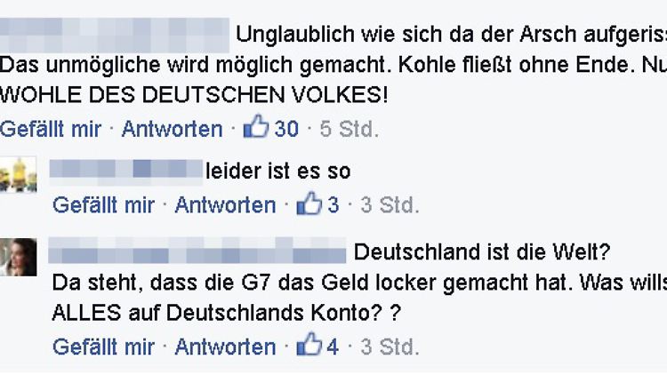 Verlauf einer Diskussion zum Thema Flüchtlinge auf der Facebook-Seite von n-tv.