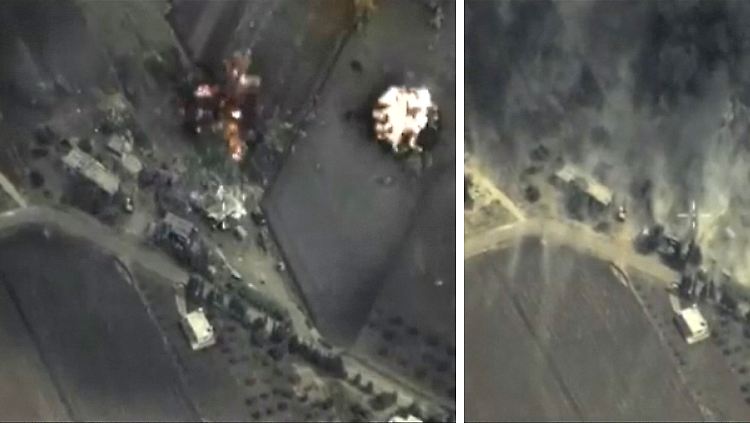 Bilder aus einem Video des russischen Verteidigungsministeriums. Die Regierung räumte ein, dass nicht nur der IS, sondern auch andere Organisationen beschossen wurden.