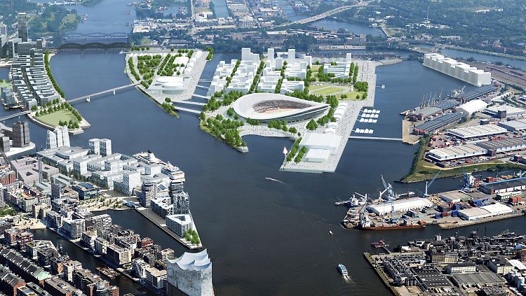 Die Austragung der Olympischen Spiele 2024 in Hamburg würde ziemlich teuer werden - die Grafik zeigt das geplante Olympiagelände.