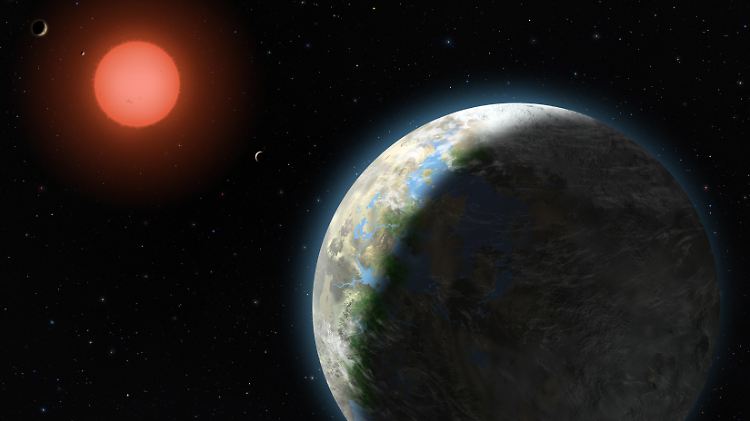 Die künstlerische Darstellung zeigt den Planeten Gliese 581 mit seinen Begleitern. 