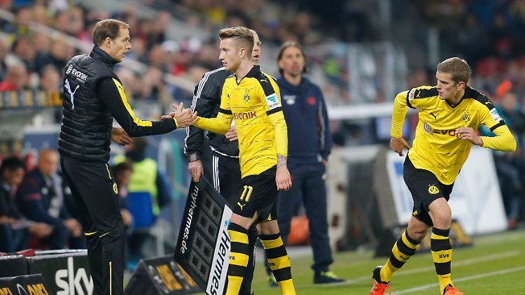 Tuchel und Reus klatschen sich ab.