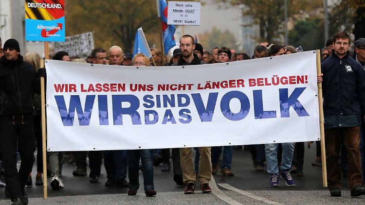 "Volk", "Wir" und "Lüge": Bei der AfD-Kundgebung tritt der NPD-Landtagsabgeordnete David Petereit (r.) als Transparentträger in der ersten Reihe auf.