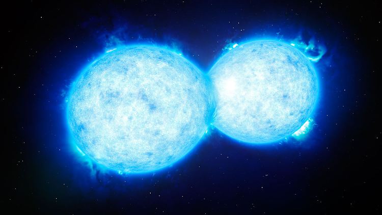 Computergrafik von VFTS 352, dem bislang heißesten und massereichsten entdeckten Doppelstern.