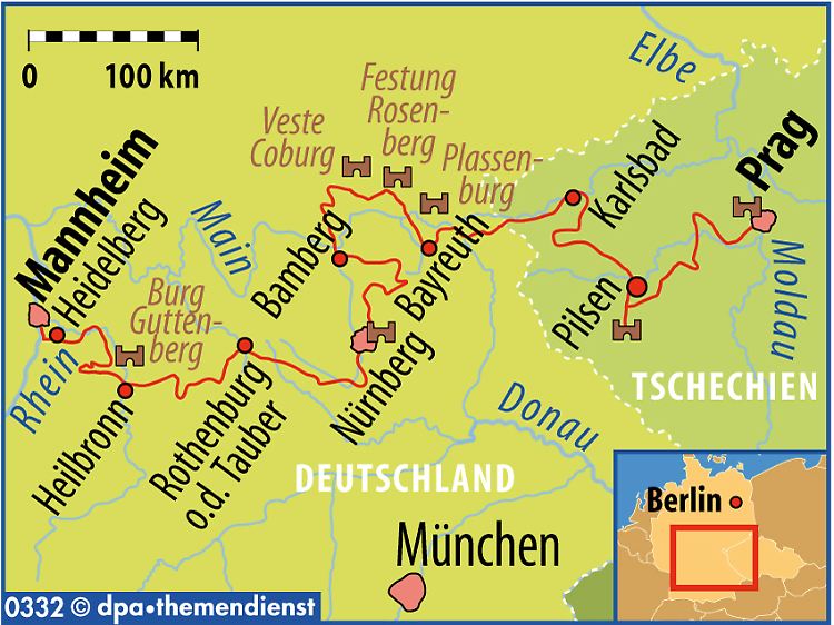 Mehr als 90 Burgen und Schlösser am Wegensrand: Die Burgenstraße führt von Mannheim aus bis nach Prag in Tschechien