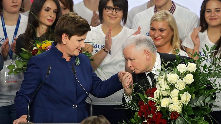 Beata Szydlo darf sich der Glückwünsche durch Jaroslaw Kaczynski erfreuen.