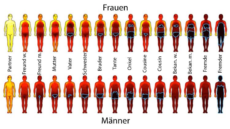 Die blau umrandeten dunklen Bereiche sind absolute Tabu-Zonen. Je heller die Farbe hingegen, desto eher dulden wir Berührungen an diesem Körperteil.