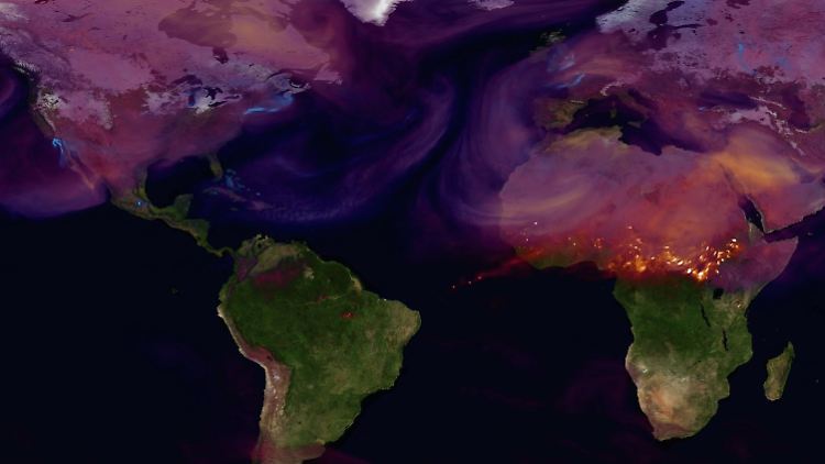 Das Nasa-Modell zweigt zwei Quellen für das CO2: das Verbrennen von Biomasse (rötlich bis weiß) und große Städte (bläulich).