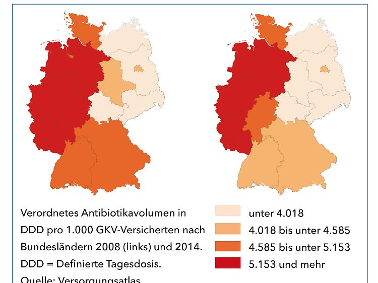 Verordnete Antibiotika in "Definierter Tagesdosis" (DDD) pro 1000 GKV-Versicherten nach Bundesländern.