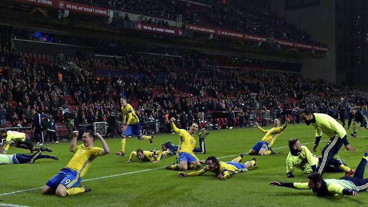 Zlatan Ibrahimovic (M.) traf doppelt gegen Dänemark, das reichte seinen Schweden für die EM-Teilnahme.