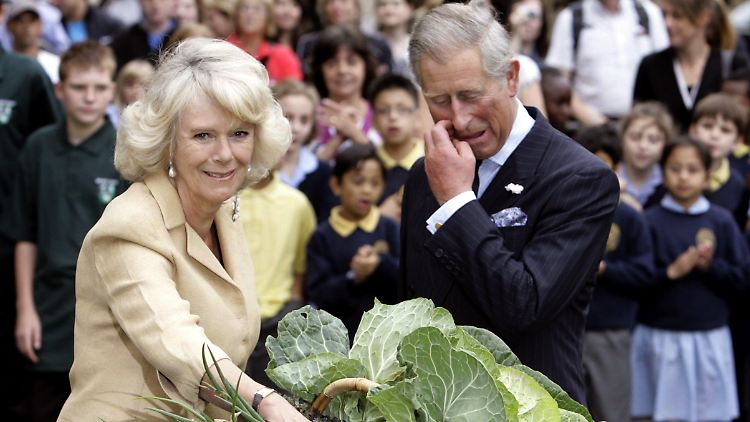 Charles, Prinz von Wales, und Camilla, Herzogin von Cornwall, zu Besuch bei Schrebergärtnern. Camilla bekommt zu ihrem Geburtstag einen riesigen Gemüse-Korb geschenkt.