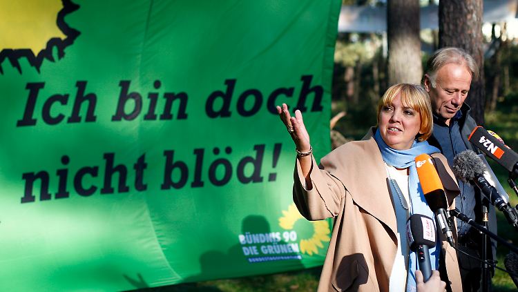 Grünen-chefin Claudia Roth und Fraktionsvorsitzender Jürgen Trittin geben im Wald eine Pressekonferenz.