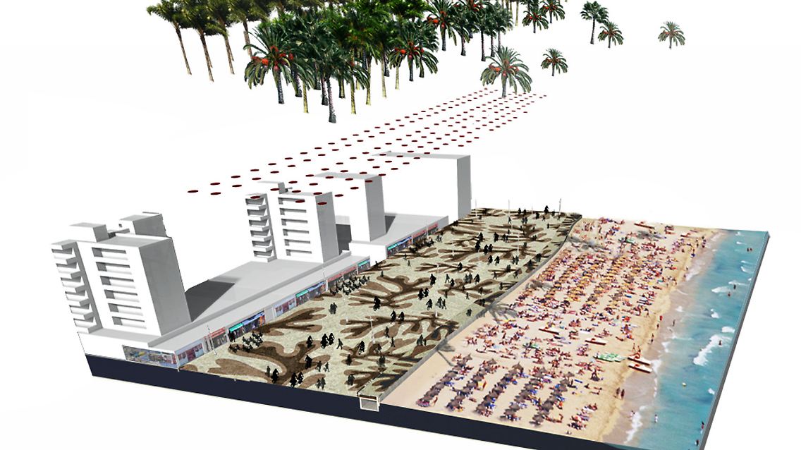 Fotomontage mit Mosaikboden und Palmenallee: So sah eine Planung für den Strand in Palma de Mallorca aus.