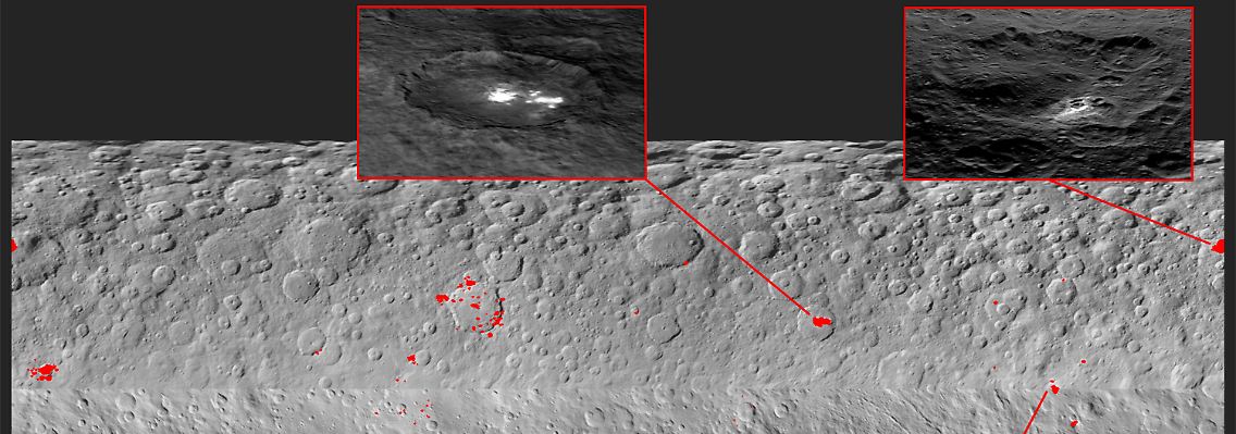 Ein Bild von der Ceres-Oberfläche vom Dezember 2015. Die rot markierten Felder stehen in Zusammenhang mit Kratern.