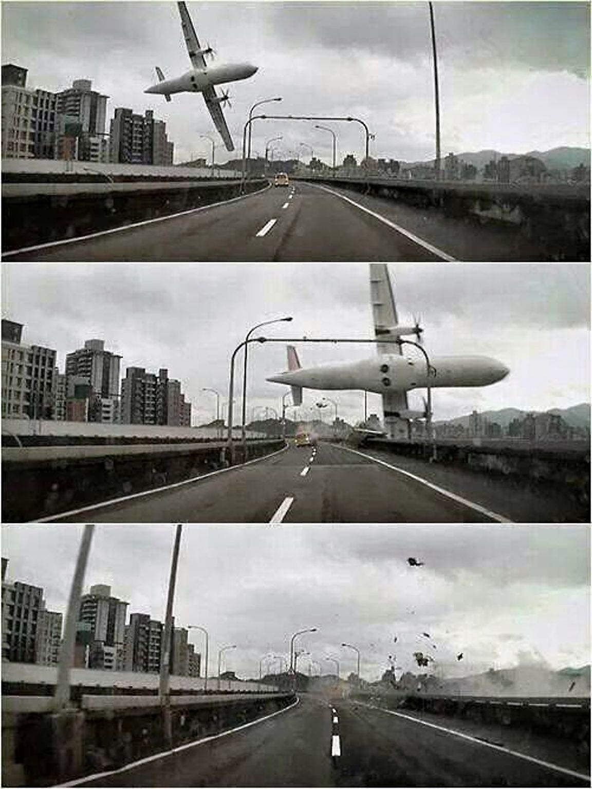 Wegen eines Pilotenfehlers rammt dieses Flugzeug mit 58 Menschen an Bord am 4. Februar eine Brücke in Taiwans Hauptstadt Taipeh und stürzt in den Fluss. Nur 15 Insassen überleben. 
