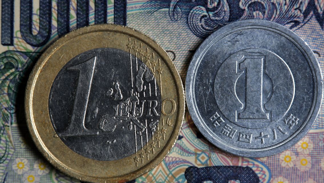 Eine japanische Yen-Münze auf einem 1000 Yen Geldschein neben einer Euro-Münze.