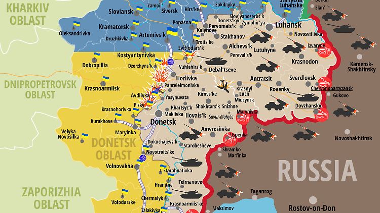 Das ukrainische Verteidigungsministerium veröffentlicht regelmäßig neue Karten über die Lage an der Front in der Ostukraine.