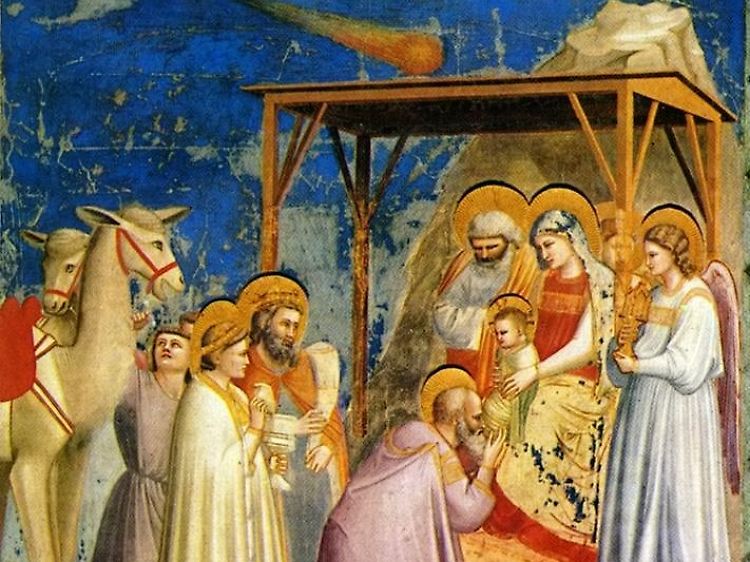 Giotto di Bondone: Anbetung der Könige, 1302. Der Stern von Bethlehem ist am oberen Bildrand als Komet dargestellt.