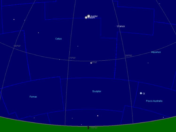 Im Jahr 7 v. Chr. standen Jupiter und Saturn dreimal so dicht beieinander am Himmel, dass sie fast zu einem einzigen Lichtfleck verschmolzen. Hier der Südsternhimmel über Jerusalem am 12. November besagten Jahres.