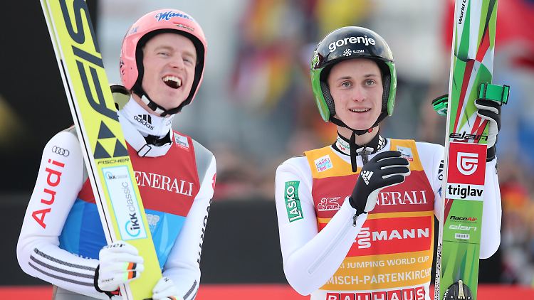 Gute Laune haben sie beide: Severin Freund und Peter Prevc.