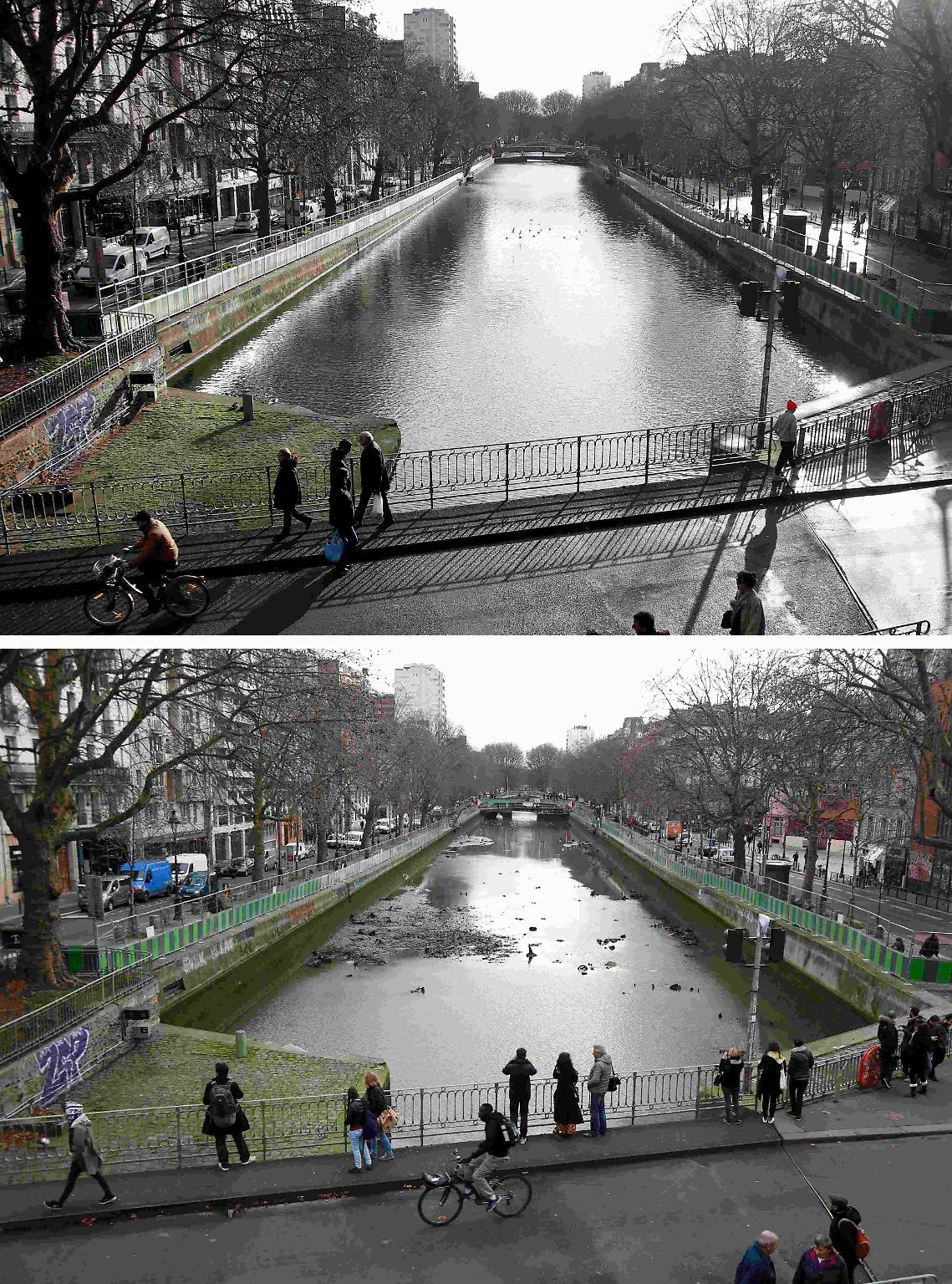 Normalerweise schippern Touristenboote über den malerischen Canal Saint-Martin. An den Ufern sitzen bei schönem Wetter viele Pariser und genießen Wein und Snacks. 