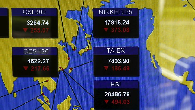 Die asiatischen Indizes am 7.1.2016 im Fenster der Hongkonger Börse.