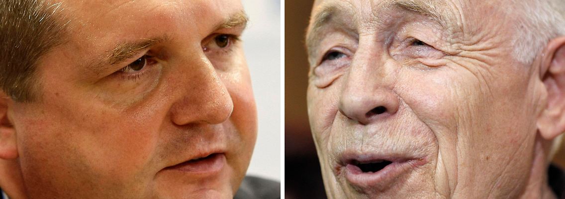 Mappus (l) und Geißler. Worin wird die "Schlichtung" bestehen? einen halben Bahnhof gibt es nicht.