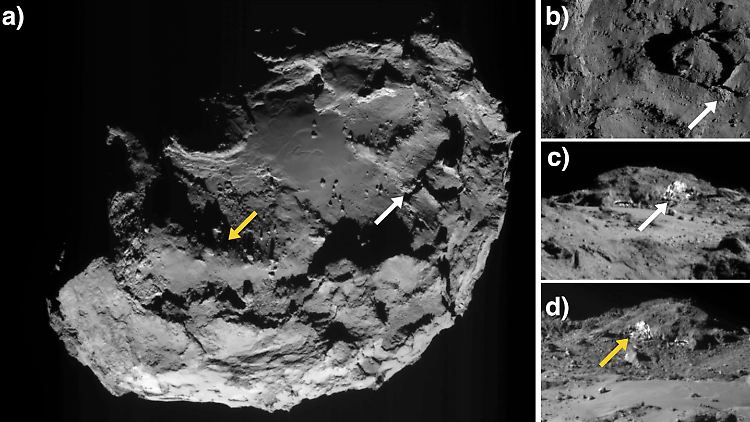 An zwei Stellen hat Rosetta Eis auf Tschuris Oberfläche gefunden.