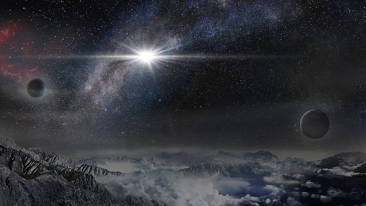 Eine Illustration des Ereignisses: So könnte ASASSN-15lh von einem Exoplaneten ausgesehen haben, der rund 10.000 Lichtjahre von der Heimatgalaxie des explodierenden Sterns entfernt ist.