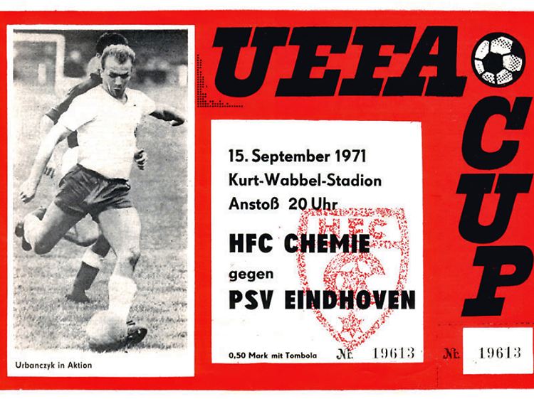 Programmtitel zum Uefa-Cup-Spiel des HFC Chemie gegen die PSV Eindhoven.