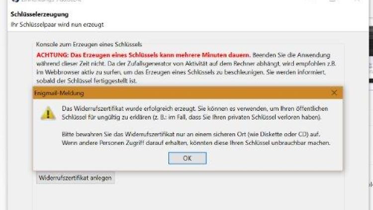 Der Assistent erzeugt auch ein Widerrufszertifikat, mit dem öffentliche Schlüssel im Notfall ungültig gemacht werden können.