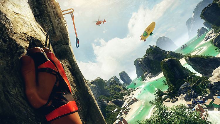 Mit den Fingern am nackten Fels, der Karabiner außer Greifweite - Szene aus Cryteks VR-Spiel "The Climb".