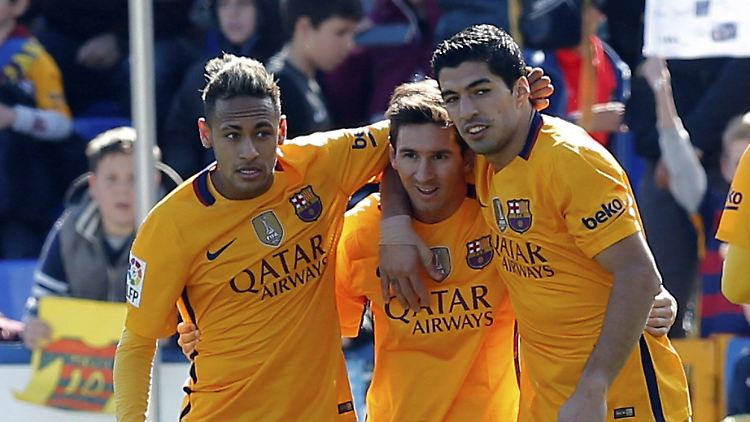 Barcelonas Traumsturm (v.l.) mit Neymar, Lionel Messi und Luis Suarez gelang gegen Levante nur ein mickriges Törchen, zum 2:0-Endstand durch Suarez in der Nachspielzeit.