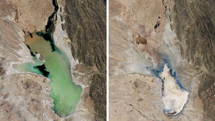 Zwischen der linken und der rechten Aufnahme des Lago Poopó liegen nur drei Jahre.